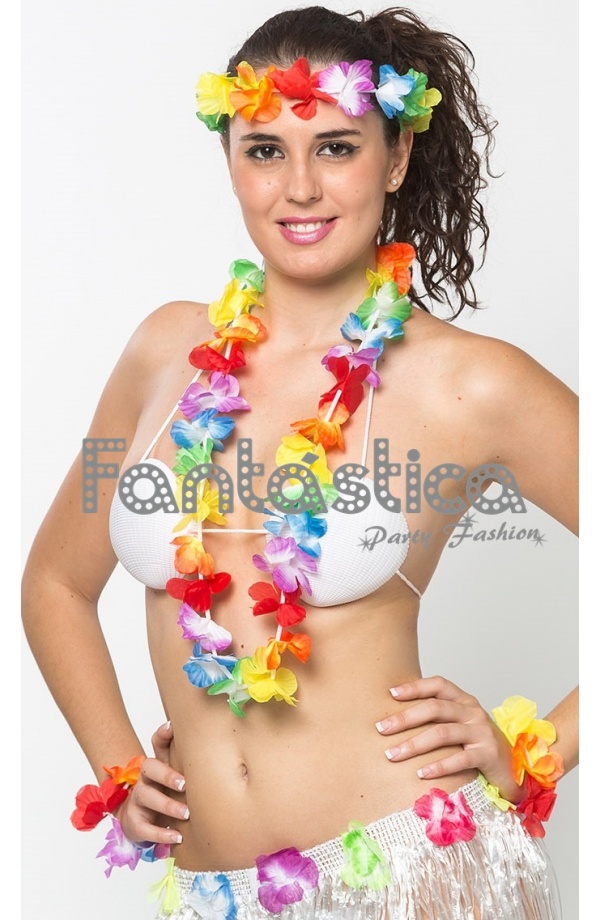 Abandono carencia solar Set de Corona, Pulseras y Collar de Flores Multicolores para Disfraz de  Hawaiana o Hawaiano