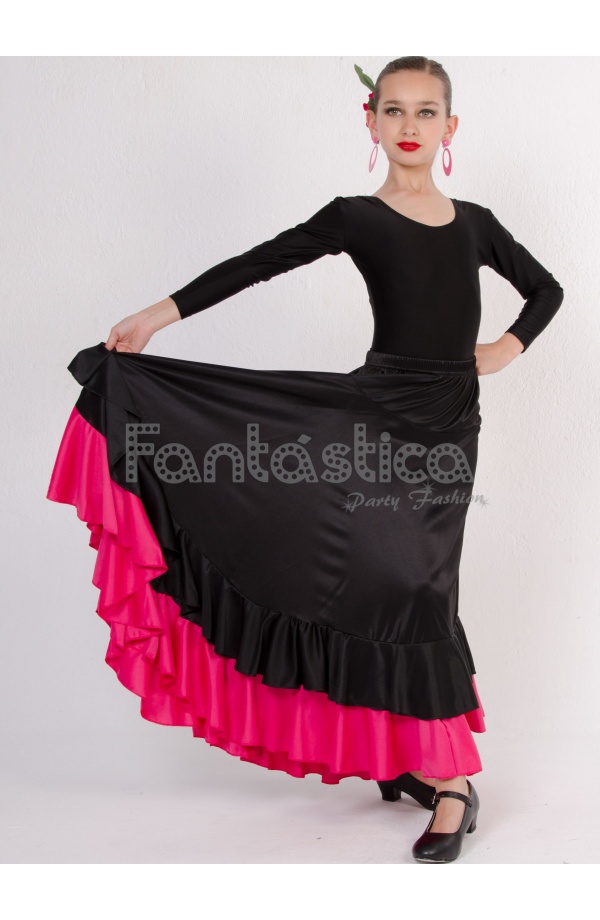 de / Sevillana con Volantes para Niña y Mujer Color Negro y Fucsia Lisa