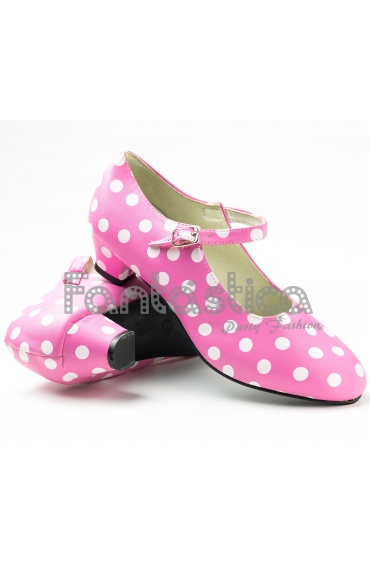 Zapatos para Flamenco Color Rosa y Lunares Blancos Tallas para Niña y