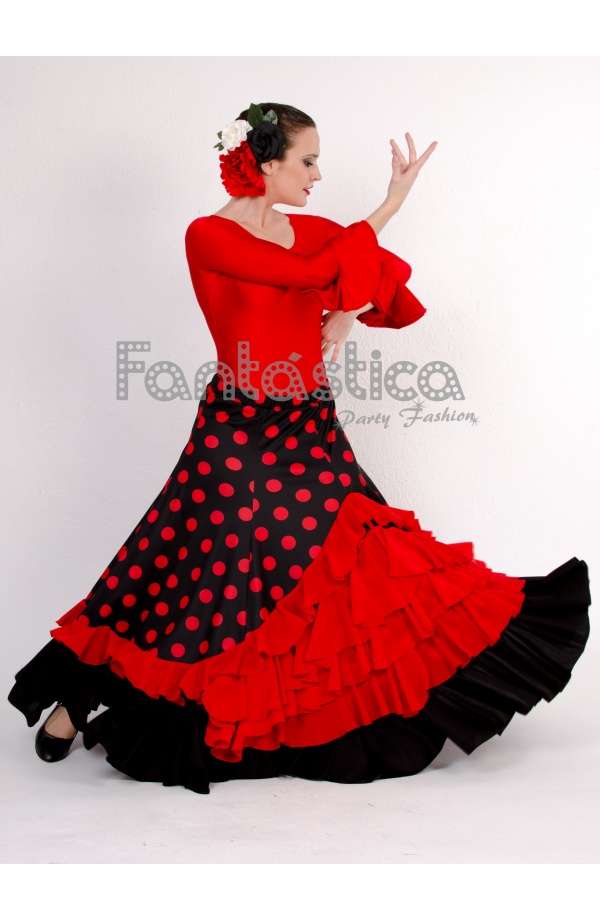 Falda mujer color negro con lunares rojos de flamenco 