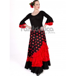 Falda flamenca negra con 2 volantes rojos y con flor bordada roja en la  cadera - FN-FLOR-BROJ