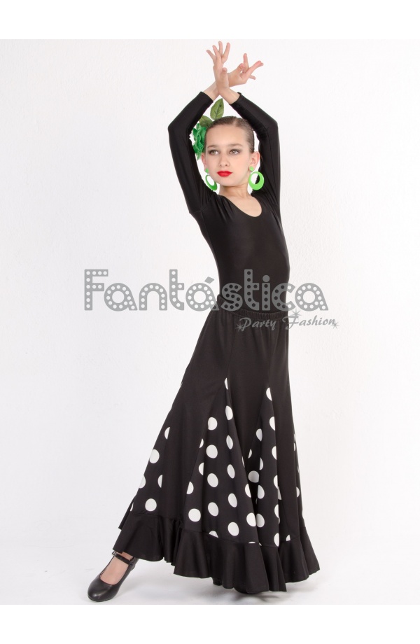 Falda de Flamenca Sevillana Volantes para Niña y Color Negro Lunares Blanco