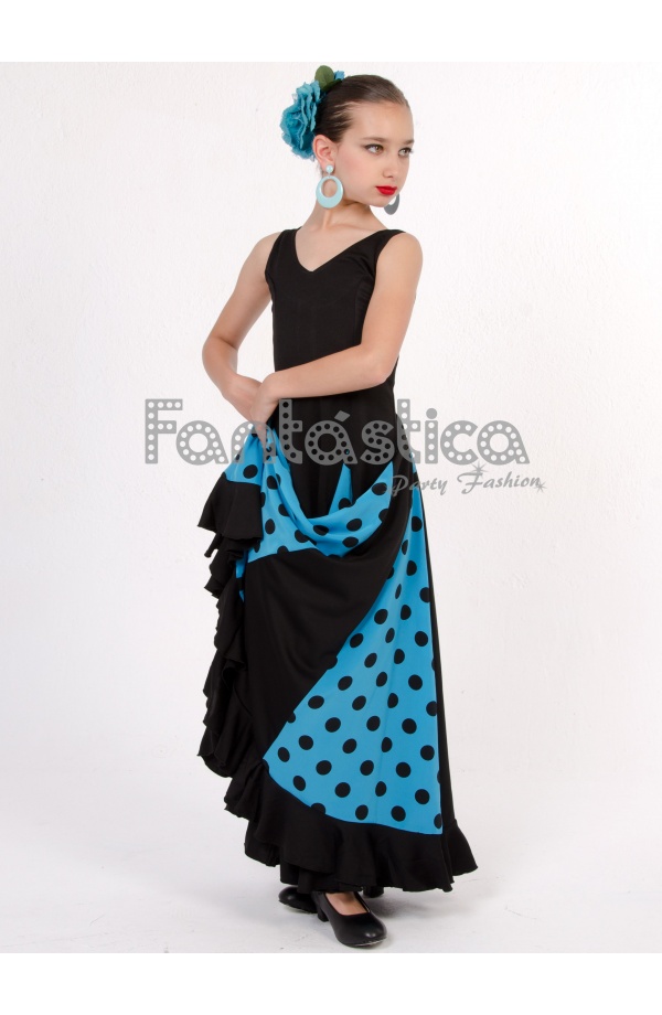 Vestido de Flamenca / Sevillana para Niña y Mujer Color Azul Lunares Negros