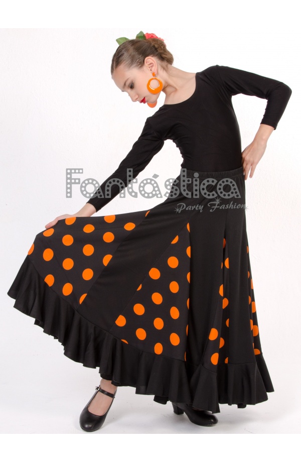Falda flamenca color negro con 6 nesgas con topos de distintos colores -  F-7NESGAS