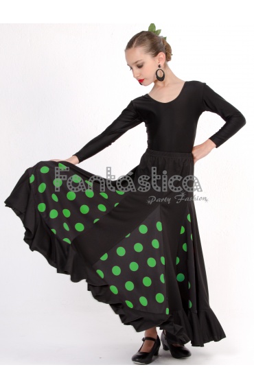 Falda de Flamenca / Sevillana con Volantes para Niña y Mujer Color Negro  Lunares Verdes