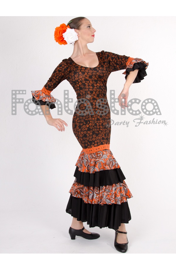 Vestido de Flamenca / Sevillana para Mujer Negro y Naranja Estampado Flores y Paisley