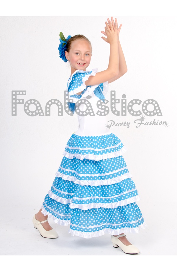 Vestido de Flamenca / Sevillana para Niña y Mujer Color Azul Lunares Negros