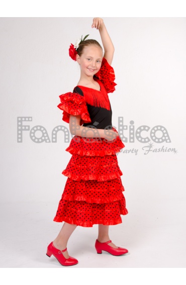 Vestido de Flamenca / Sevillana para Mujer Color Negro y Rojo con Lunares II