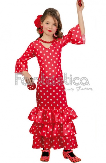 Vestido de Flamenca / Sevillana para Niña Color Rojo y Blanco con Lunares