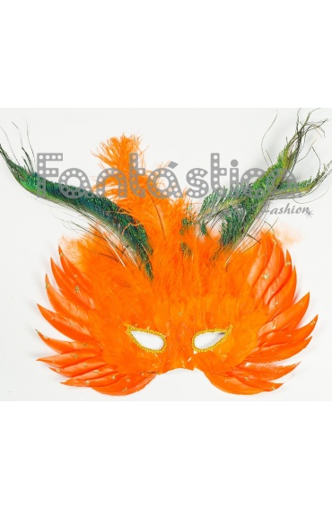 Antifaz Máscara para Carnaval cubierto de Plumas Color Naranja y Verde