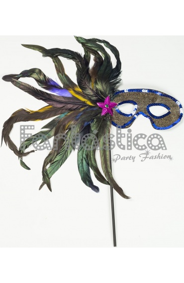 Antifaz Veneciano con palo para Carnaval con aplique de Plumas Multicolores  V