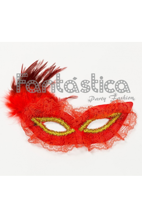 Antifaz para Carnaval o Disfraz con aplique de Plumas color Rojo