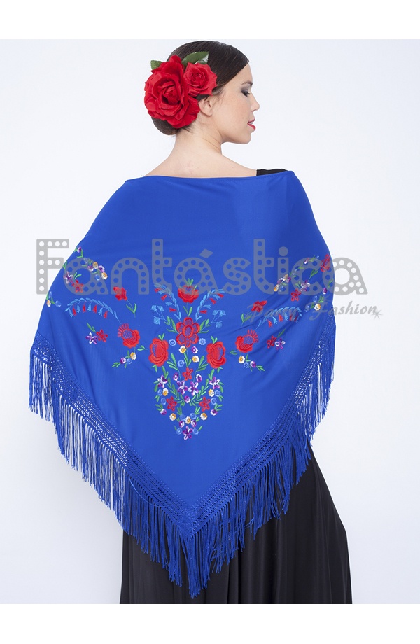 Chal de flamenco español-Negro con Patrón Azul con franja azul-Ver Descripción