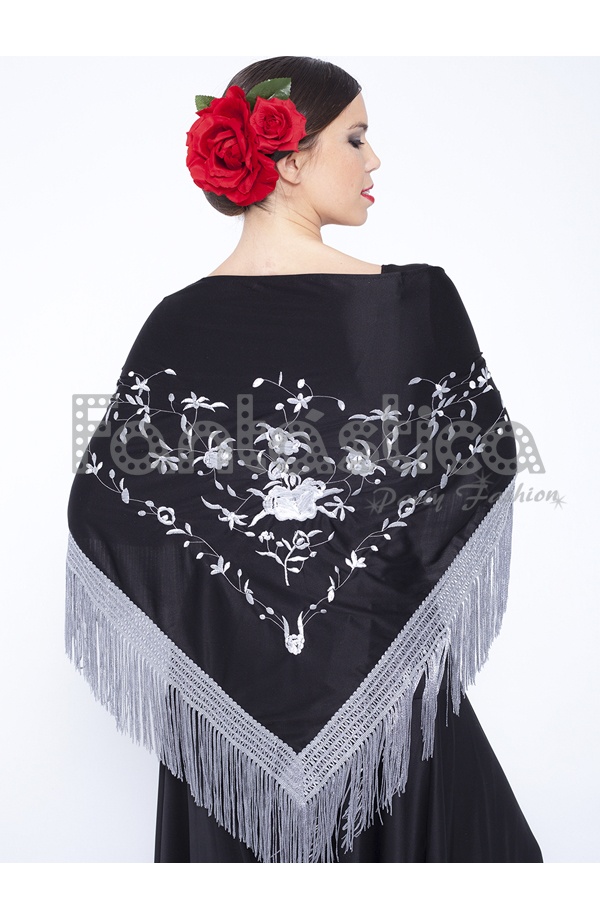 La Señorita Mantones bordados Flamenco Manton de Manila Grande negro flores de colores flecos negro