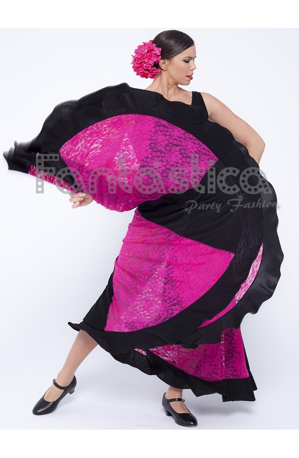 Vestido de Flamenca / Sevillana para Mujer con Encaje Color Negro y Fucsia