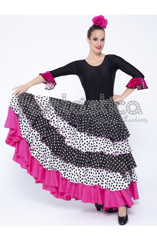 Falda de Flamenca / Sevillana para Mujer con Volantes y Lunares Blanco,  Negro y Fucsia