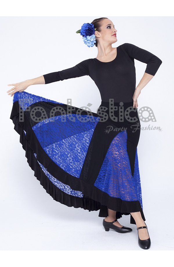 Falda de Flamenca / Sevillana para Mujer con Encaje Color Negro y Azul