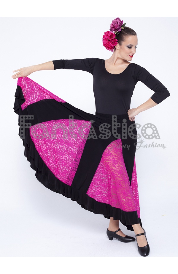 Vestido de Flamenca / Sevillana para Mujer con Encaje Color Negro y Fucsia