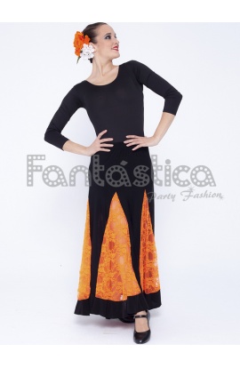 Falda de Flamenca / Sevillana para Mujer con Encaje Color Negro y Naranja
