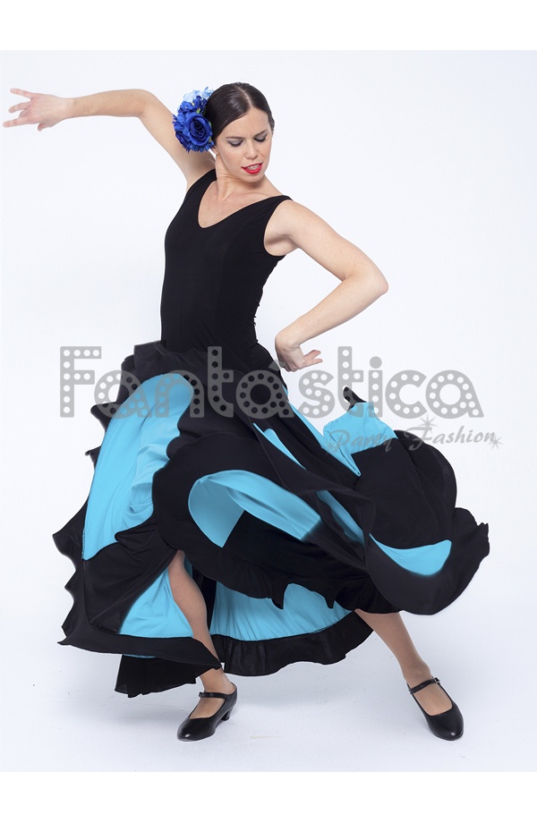Vestido de Flamenca / Sevillana para Mujer Color Negro y Azul Turquesa