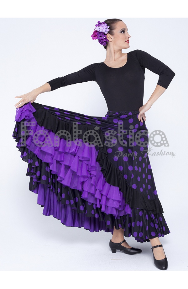 Falda Flamenca Sevillana para Mujer y Lunares Violeta y Negro