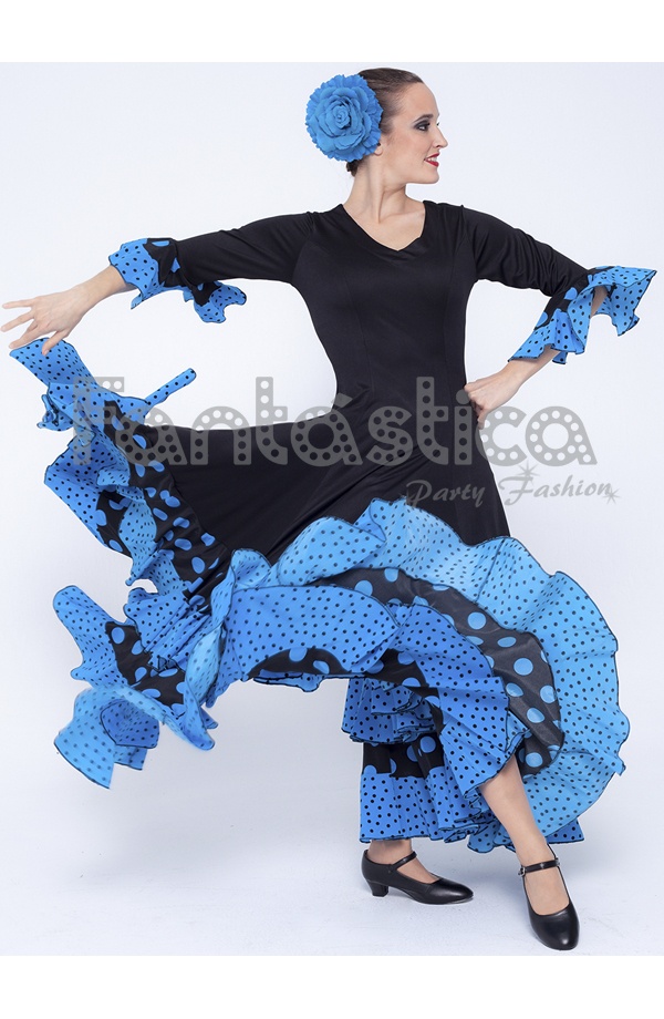 Vestido de Flamenca / Sevillana para Mujer Color Negro y Azul Turquesa con  Lunares II