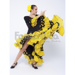 Vestido de Flamenca / Sevillana para Mujer Color Negro y Amarillo con  Lunares