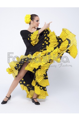 Vestido de Flamenca para Mujer Color Negro y Amarillo con Lunares
