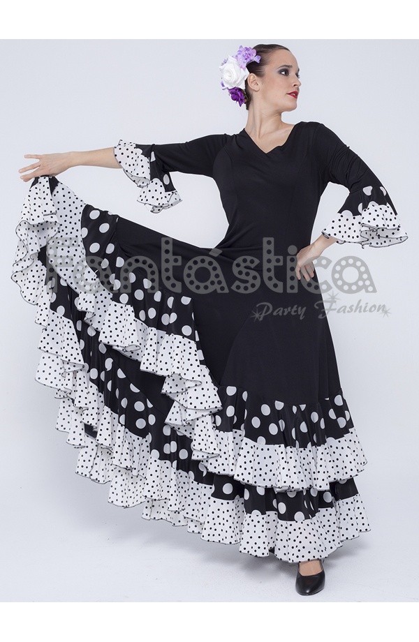 Vestido de Flamenca / Sevillana para Mujer Color Negro y Blanco con Lunares  II