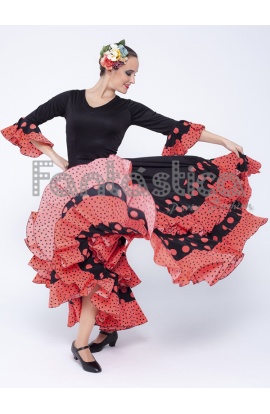 Falda de Flamenca / Sevillana para Mujer con Volantes y Lunares Blanco,  Negro y Coral