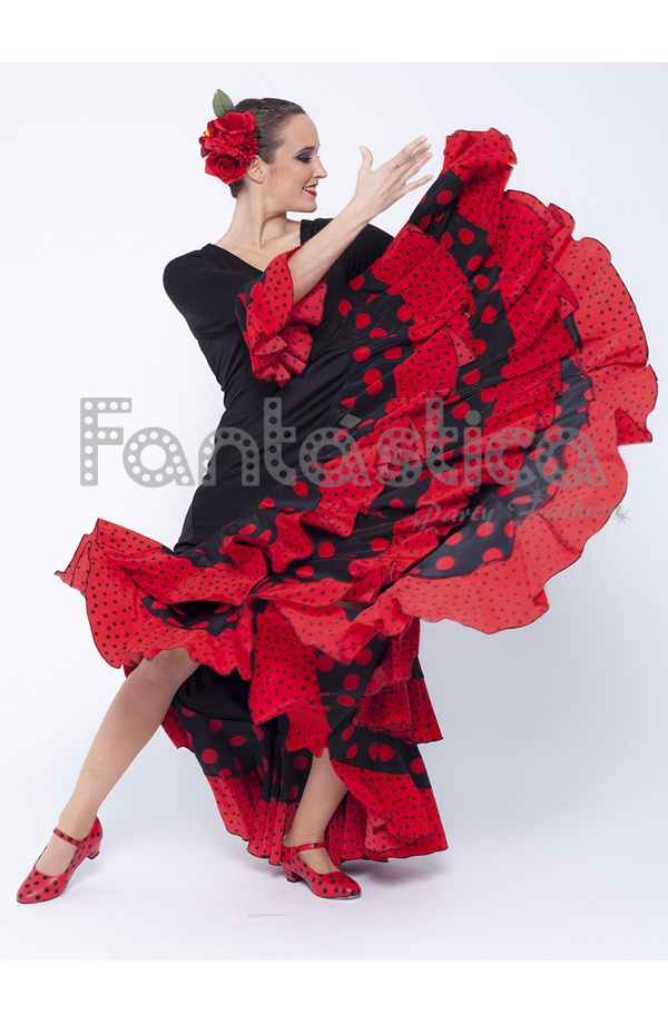 Minero Reparador Inquieto Vestido de Flamenca / Sevillana para Mujer Color Negro y Rojo con Lunares II