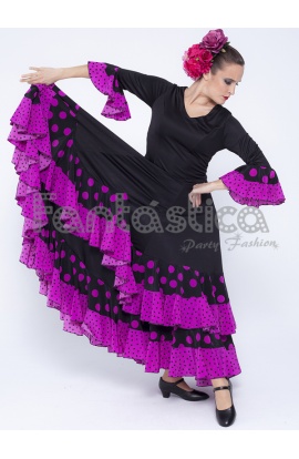 Vestido de Flamenca / Sevillana Mujer Color Negro y Violeta con Lunares