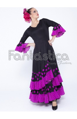 Vestido de Flamenca / Sevillana para Mujer Color Negro y Violeta con Lunares