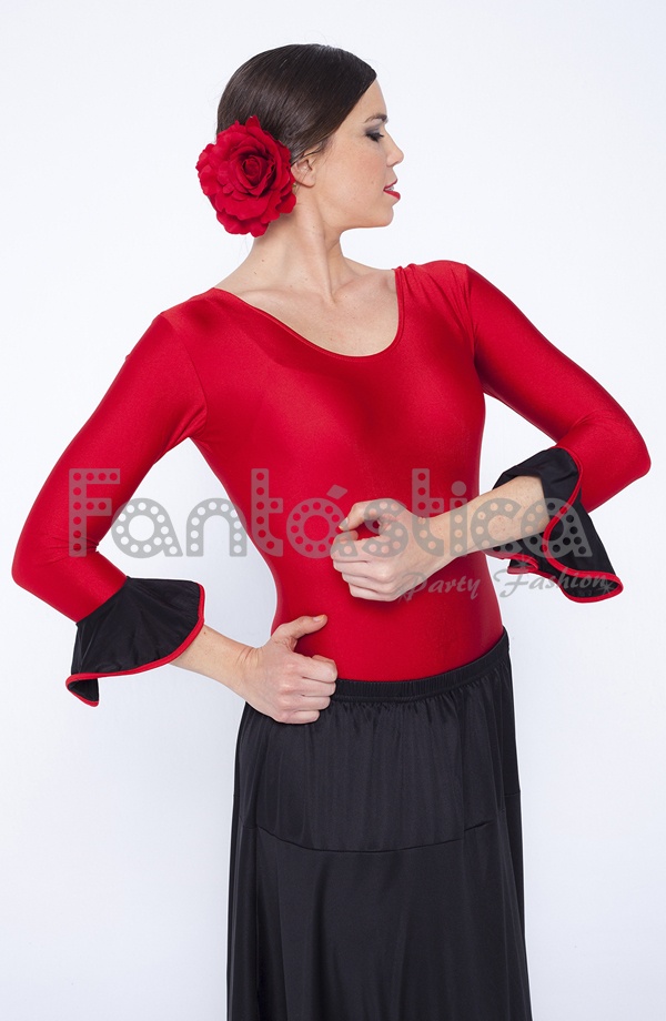Maillot de Flamenca Danza Española para Mujer Mangas con Volantes Color Rojo