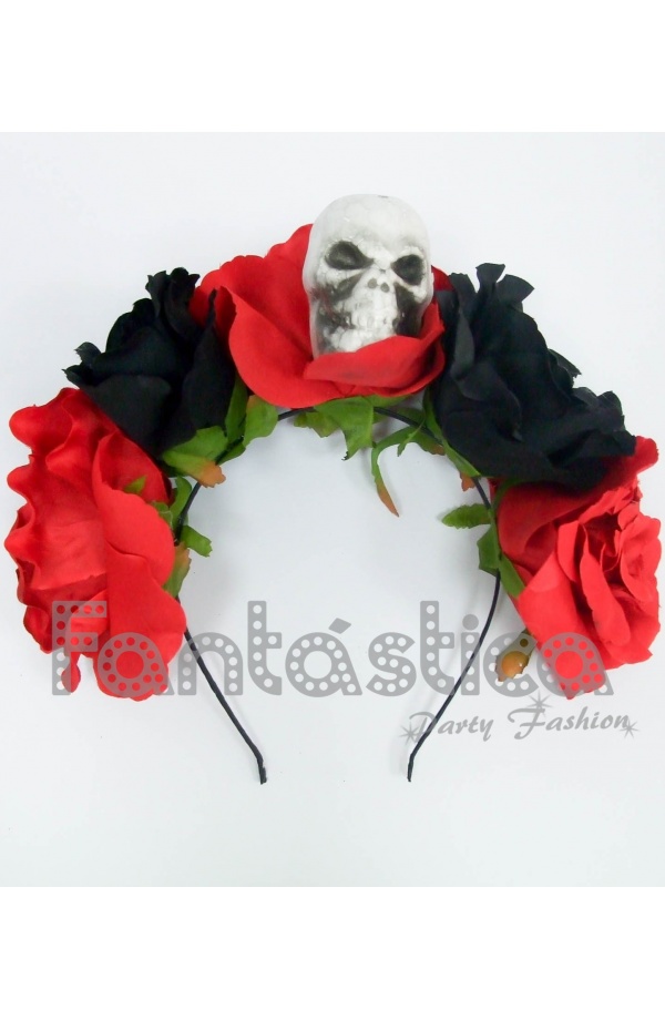 Diadema de Halloween para Disfraz Catrina con Flores Rojas