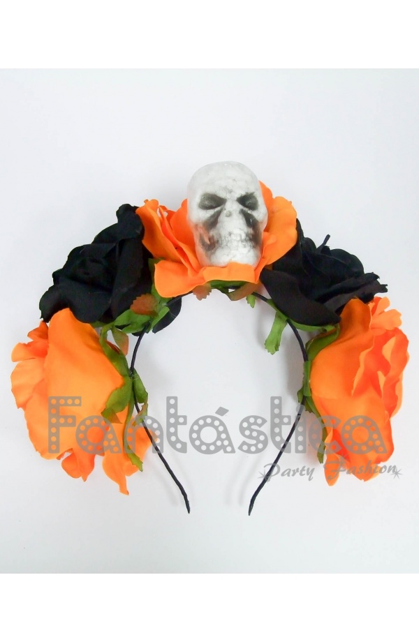Diadema de Halloween para Disfraz Catrina con Flores Naranja