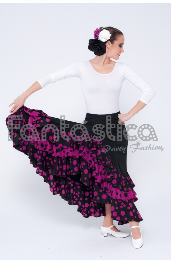 Falda de NIÑA para Baile Flamenco o sevillanas Lunares pequeños Blancos Cinco Volantes en Cascada 