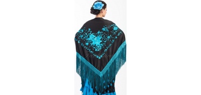 Chal de flamenco español-Negro con Patrón Azul con franja azul-Ver Descripción