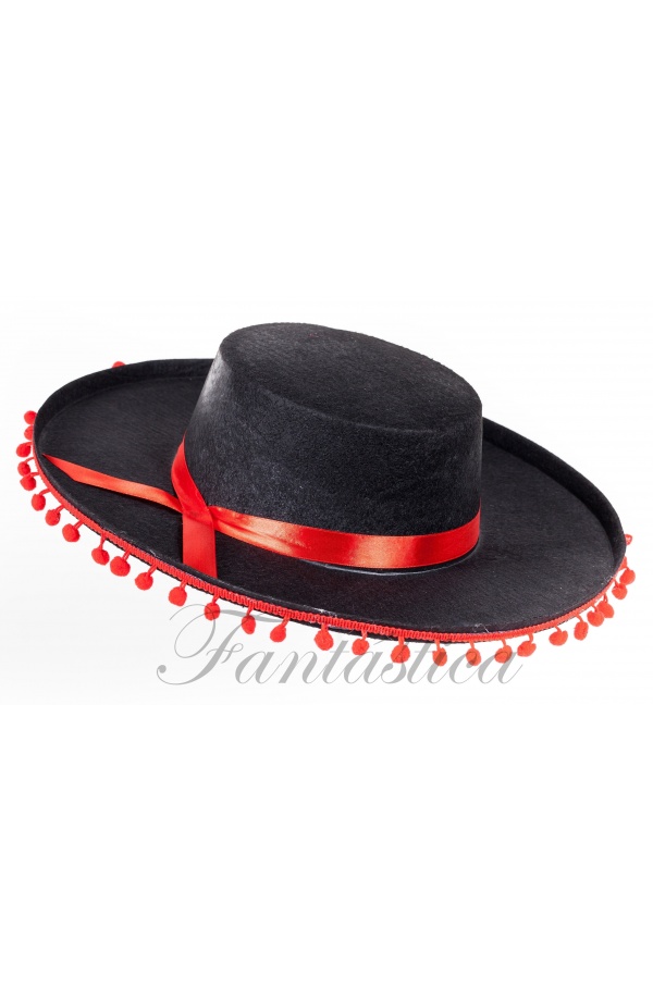 Arancel Restricción Generador Sombrero Cordobés para Disfraz de Andaluz Color Negro Pompones Rojos