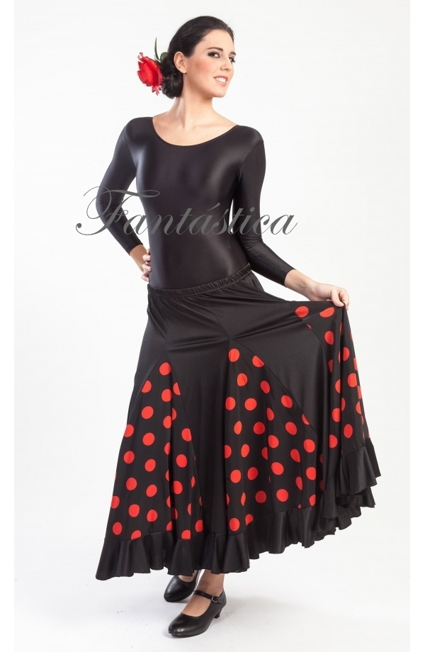 Falda de Flamenca / Sevillana para Mujer con Volantes y Lunares Rojo y Negro